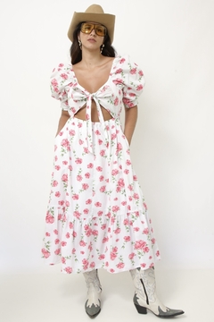 Vestido flores rosa algodão laço