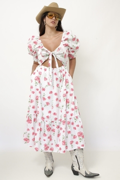 Imagem do Vestido flores rosa algodão laço