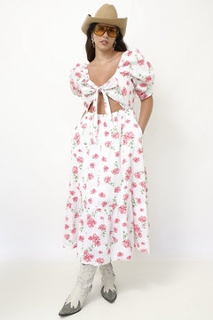 Vestido flores rosa algodão laço - loja online