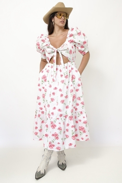 Vestido flores rosa algodão laço na internet