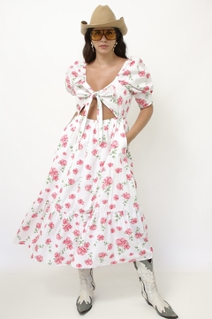 Imagem do Vestido flores rosa algodão laço