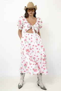 Imagem do Vestido flores rosa algodão laço