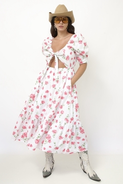 Vestido flores rosa algodão laço