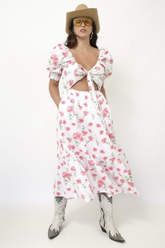Vestido flores rosa algodão laço - comprar online