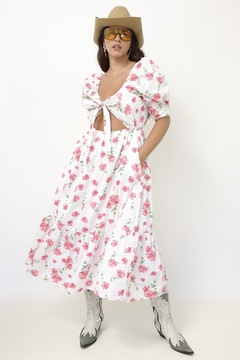 Vestido flores rosa algodão laço - loja online