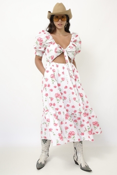 Vestido flores rosa algodão laço - Capichó Brechó