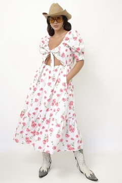 Vestido flores rosa algodão laço