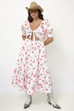 Vestido flores rosa algodão laço - loja online