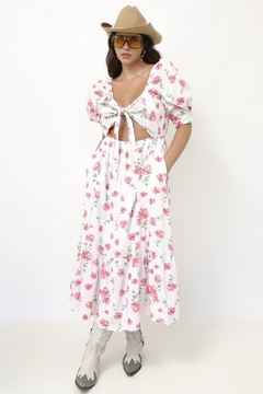 Vestido flores rosa algodão laço - comprar online