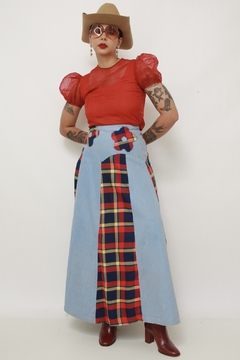 Saia jeans recorte xadrez flor - comprar online