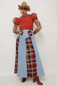 Saia jeans recorte xadrez flor - comprar online