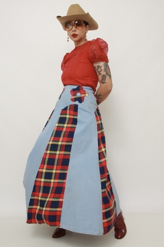 Saia jeans recorte xadrez flor - loja online