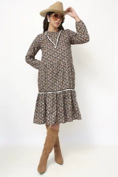 Vestido liberty marrom western babados - loja online