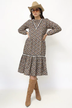 Vestido liberty marrom western babados
