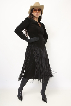 Vestido couro camurça franja preto western