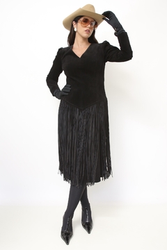 Vestido couro camurça franja preto western - loja online