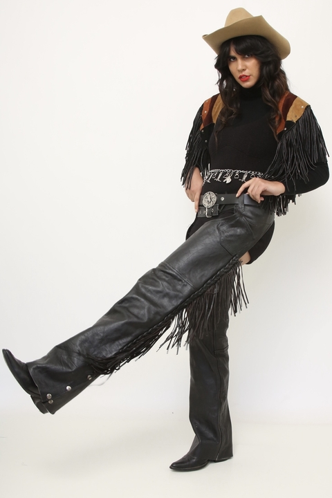 Calça couro franja chapadera cowboy