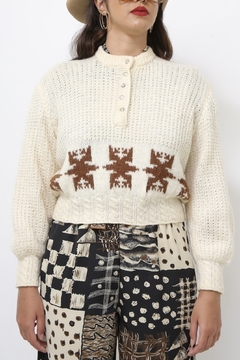 Pulover tricot cropped creme marrom - Capichó Brechó