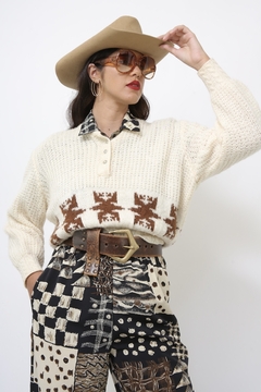 Pulover tricot cropped creme marrom