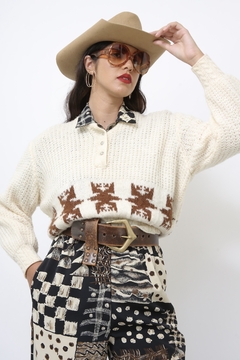 Pulover tricot cropped creme marrom na internet