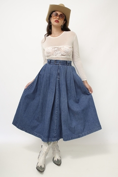 Saia jeans midi algodão pregas