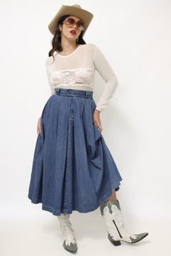 Saia jeans midi algodão pregas