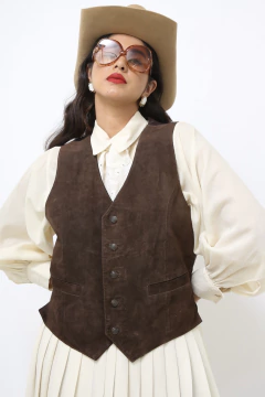 Colete couro costas nylon vintage marrom
