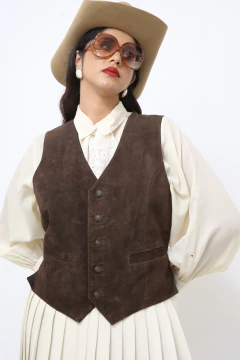 Colete couro costas nylon vintage marrom - Capichó Brechó