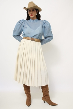 Camisa azul manga princesa bordado