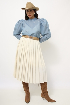 Camisa azul manga princesa bordado - loja online