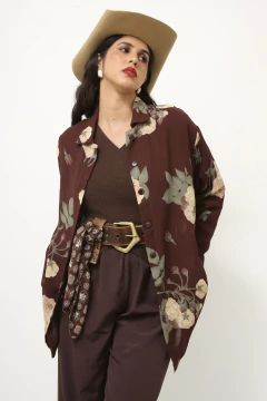Camisa marrom crepe flores - loja online