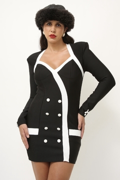 Vestido bandagem preto branco manga longa - loja online