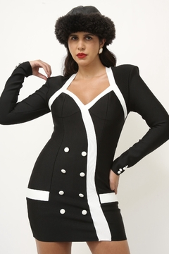 Vestido bandagem preto branco manga longa