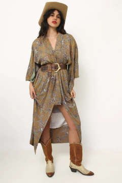 Kimono bege tecido fino molinho estampa - loja online