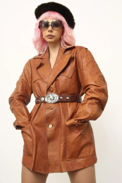 Jaqueta couro caramelo maxi vintage - comprar online