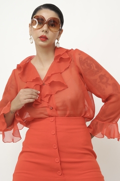 Camisa vermelha babados transparência - comprar online