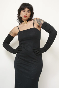 Vestido preto malha justo textura flores
