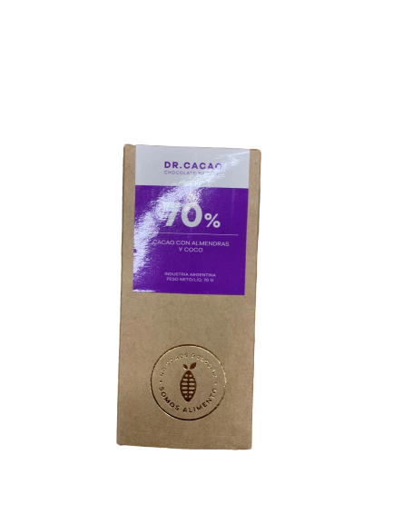 CHOCOLATE CON ALMENDRAS Y COCO AL 70% 70GR DR. CACAO