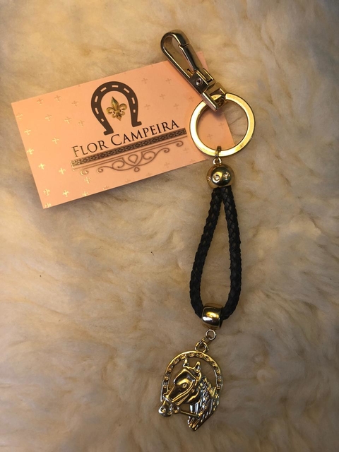 Chaveiro Cabeça de Cavalo e Ferradura (Couro Preto)