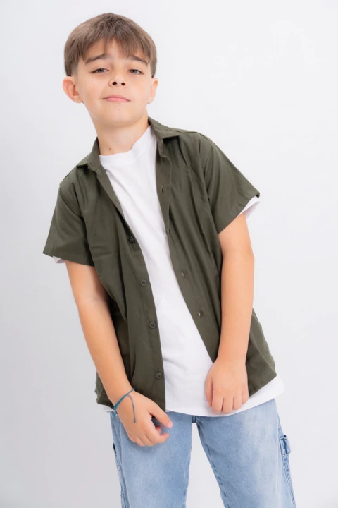 Camisa lino algodon verde militar - comprar online