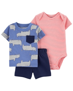 Carter's Set 3 piezas Body, Remera y Short "Rinoceronte"