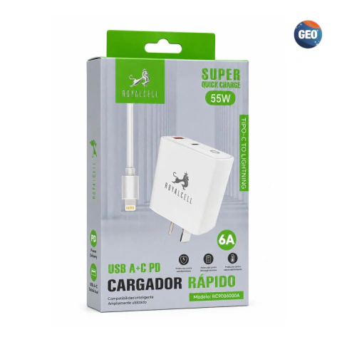 Cargador Royalcell 55W USB-C + USB-A + Cable Lightning SUPER Quick Charge