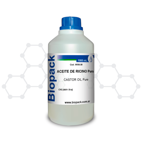Botella blanca de 1000 mL de aceite de ricino puro marca Biopack con tapa azul