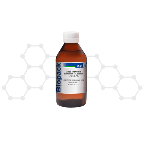 Botella marrón con tapa blanca de ácido 1-pentano sulfónico sal sódica para HPLC de la marca Biopack de 25 gramos