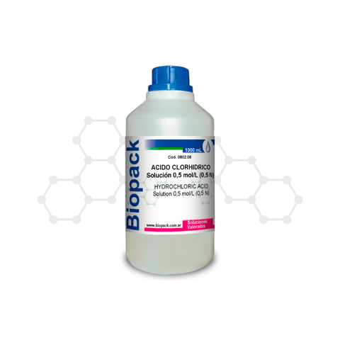 Botella de plástico con solución valorada de ácido clorhídrico 0,5 N de 1000 mL de la marca Biopack