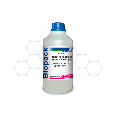 Botella de solución valorada de ácido clorhídrico 1 N de 1000 mL marca Biopack