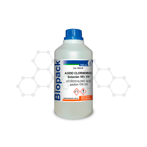 Botella plástica de ácido clorhídrico solución al 10% V/V de 1000 mL de la marca Biopack