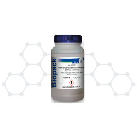 Envase blanco de plástico con tapa azul de 100 gramos de ácido EDTA p.a. (A.C.S.) de la marca Biopack