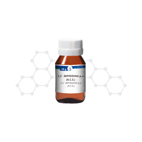 Frasco marrón con tapa blanca que contiene 2,2´-BIPIRIDINA p.a. (A.C.S.) de 10 gramos