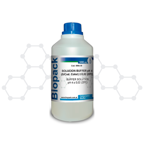 Botella de solución buffer pH 4 de 500 ml de la marca Biopack para calibración y control de pH